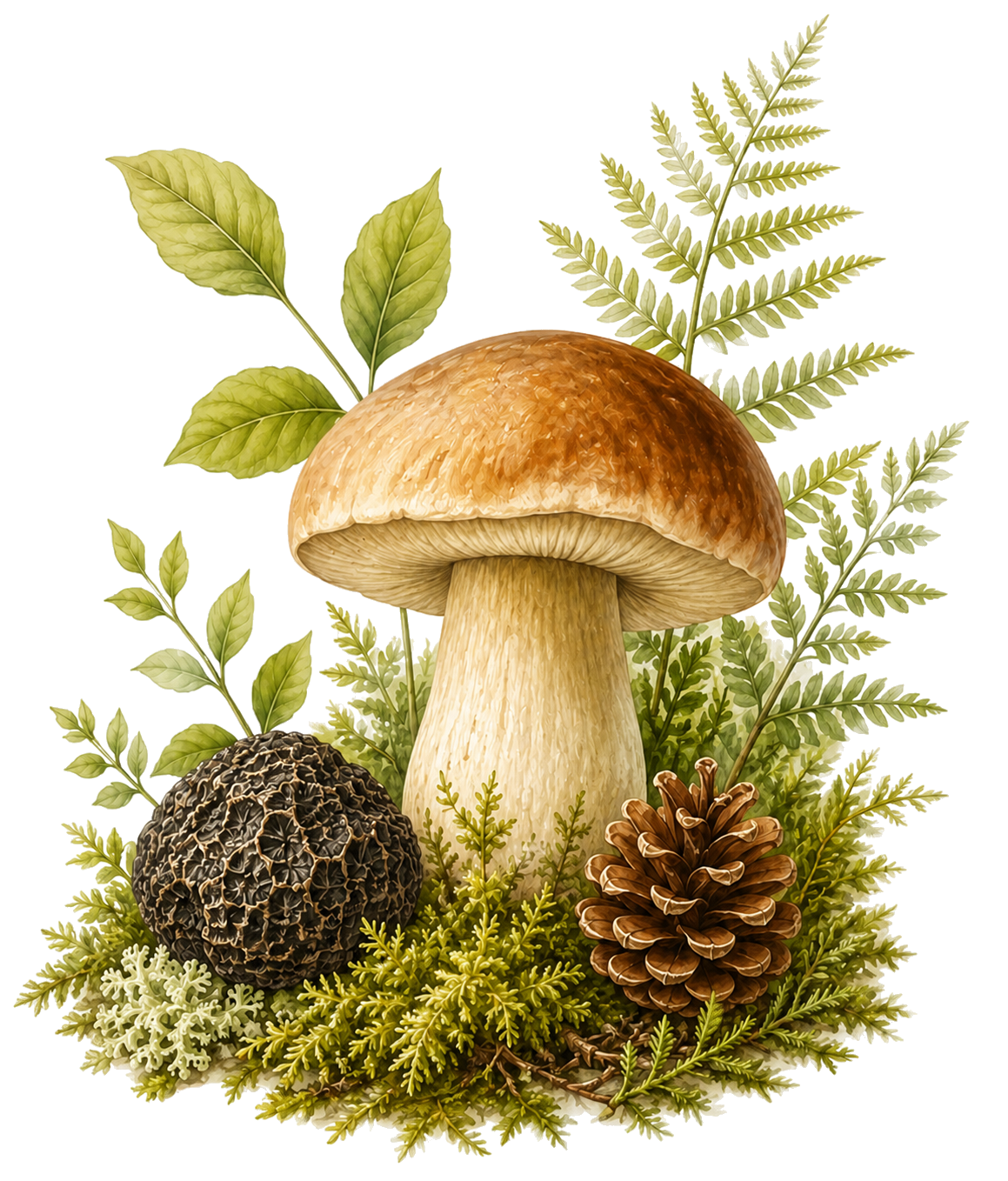 Illustrazione botanica con fungo porcino e tartufo