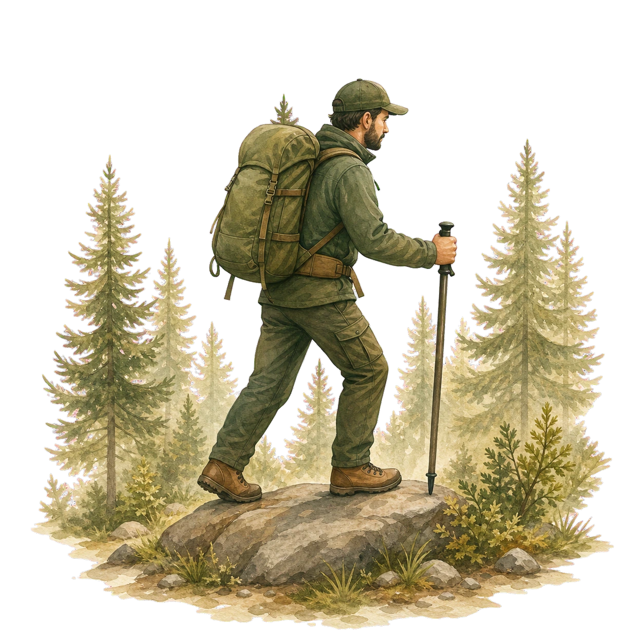 Illustrazione di un cercatore che cammina nel bosco